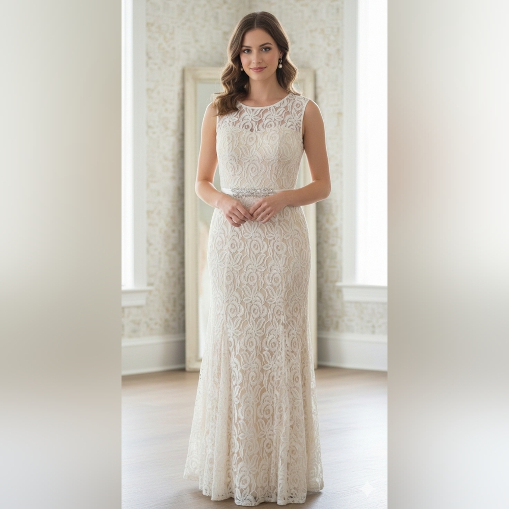 Camille La Vie 16W Cream Ivory Lace Maxi Wedding Dress Keyhole Back Scoop Neck